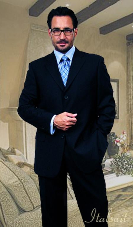 Unique 2PC 3 Button Dark Navy Blue Men's Suit With Flat Front Pants mensusa