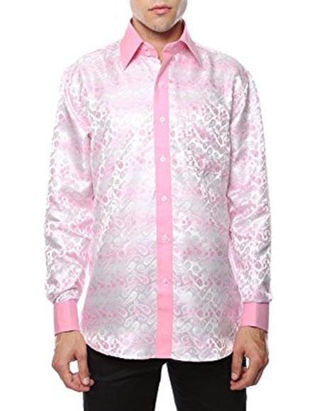 Shiny Satin Floral Spread Collar Paisley Dress Club Clubbing Clubwear Shirts Flashy Stage Colored Two Toned Woven Casual White-Pink Men's Dress Shirt