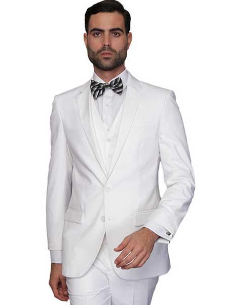 Mens White Italian Wool 3 Piece Slim Fit Vested Suit (Buy Wholesale 10PC&UP of this for $90)