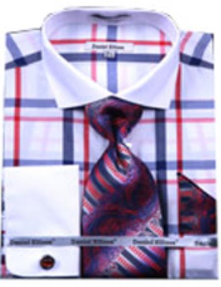 Mens White and Fuschia French Cuff Dress Shirt with Cufflinks