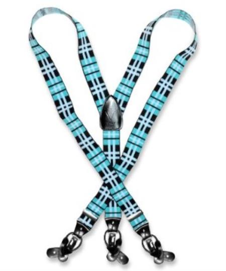 Men's Design Black turquoise ~ Light Blue Stage Party White Suspenders For Men Y Shape Elastic Buttons Clips
