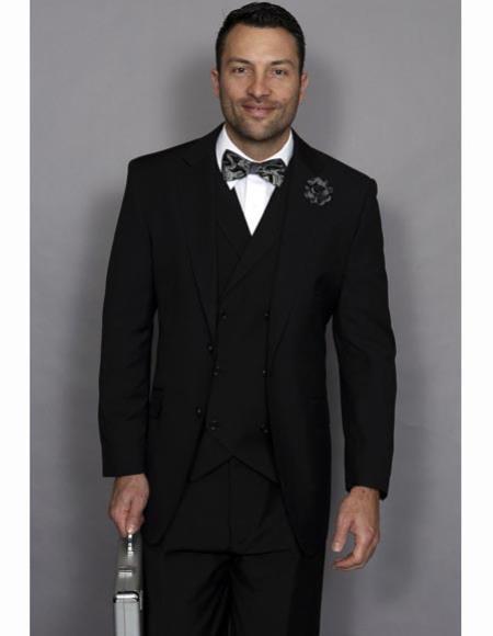 Statement Confidence Men's Wool 3 Piece Solid Black Double Breasted Vest Suit