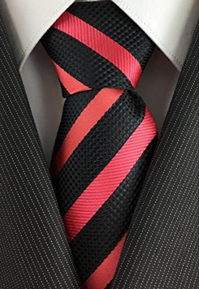 Men's Woven Black with Salmon ~ Coral Pink color Skinny Necktie -Men's Neck Ties - Mens Dress Tie - Trendy Mens Ties