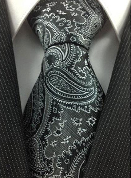 Men's Necktie Woven Polyester Black Grey with white fancy Paisley Fashionable Design Tie -Men's Neck Ties - Mens Dress Tie - Trendy Mens Ties