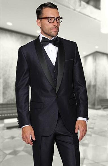 Shiny Indigo ~ Bright Blue One Button Shawl (Black)Collar Three Piece Fashionable Tuxedo For Men main image 0