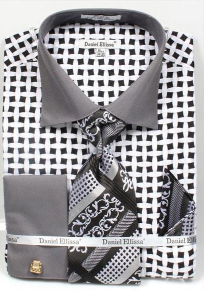 Daniel Ellissa Bright Black/White Net Pattern Two Tone French Cuff Big and Tall Sizes Black Collar Two Toned Contrast 18 19 20 21 22 Inch Neck Men's Dress Shirt