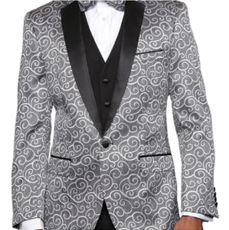 Paisley-200VP Silver Two Toned Paisley Blazer or Tuxedo Suit Vest + Pants Vested + Black Lapel Blazer Looking