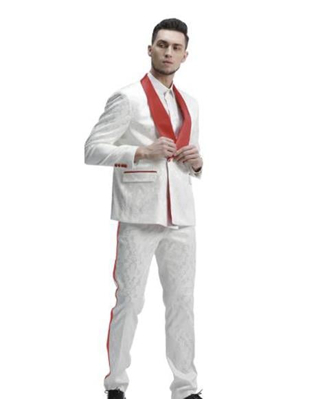 Mens 1 Button Shawl Lapel White And Hot Red Wedding / Prom 2026 Outfit Tuxedo Suit + White Pants & White Vest