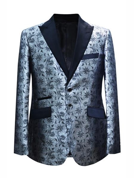 Men's 2 Button Floral Designed Silver Sport Coat Blazer