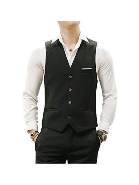 Men's Matching Waistcoat Casual Suit Dress Tuxedo Wedding Men's Vest ~ Waistcoat ~ Waist Coat & Pants Set Package Combo ~ Combination Black