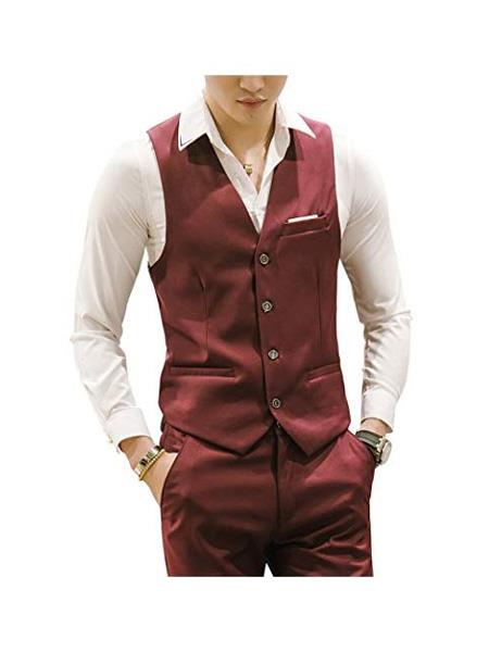 Men's Matching Waistcoat Casual Suit Dress Tuxedo Wedding Men's Vest ~ Waistcoat ~ Waist Coat & Pants Set Package Combo ~ Combination Wine