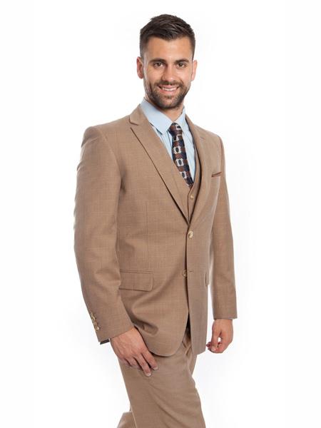Men's Windowpane ~ Plaid Checker 2 Button Vested Beige ~ Tan ~ Camel Square 3 Piece