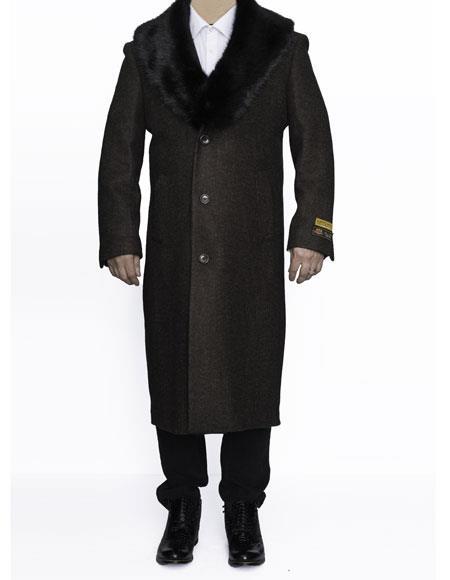 Men’s Brown Big and Tall Long Overcoat with Fur Style Collar, Winter Dress Topcoat in 4XL 5XL 6XL