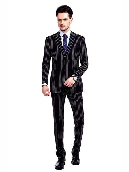 Men's Button Closure Pinstripe Designed Black / White Suit