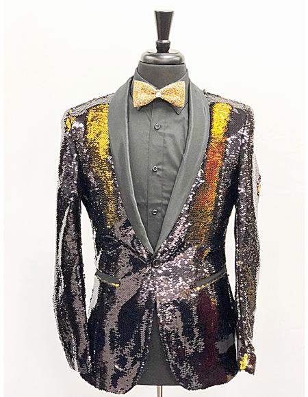 Men's Slim Fit Gold ~ Black Shawl Lapel Cheap Priced Designer Fashion Dress Casual Blazer On Sale One Button Sequin Shiny Flashy Stage ~ Prom Fancy Blazer