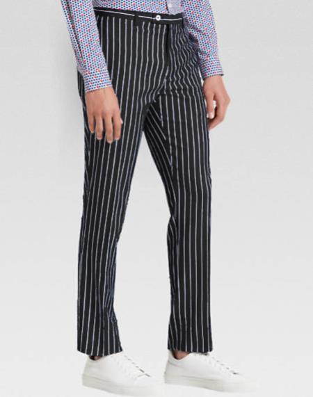 Menâ€™s slacks Black Ganagster Chalk Striped ~ Pinstripe 1920's Style Flat Front or Pleated Pants Available In Big And Tall unhemmed unfinished bottom