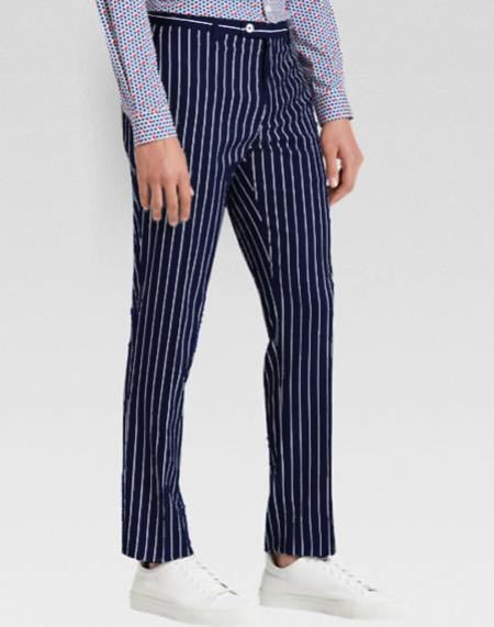 Menâ€™s slacks Dark Navy Blue Ganagster Chalk Striped ~ Pinstripe 1920's Style Flat Front or Pleated Pants Available In Big And Tall unhemmed unfinished bottom