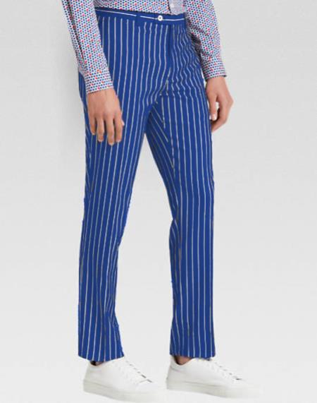 Menâ€™s slacks Royal Blue Ganagster Chalk Striped ~ Pinstripe 1920's Style Flat Front or Pleated Pants Available In Big And Tall unhemmed unfinished bottom