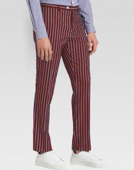 Mens slacks Burgundy Ganagster Chalk Striped ~ Pinstripe 1920's Style Flat Front or Pleated Pants Available In Big And Tall unhemmed unfinished bottom