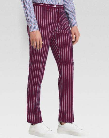 Menâ€™s slacks Wine Ganagster Chalk Striped ~ Pinstripe 1920's Style Flat Front or Pleated Pants Available In Big And Tall unhemmed unfinished bottom