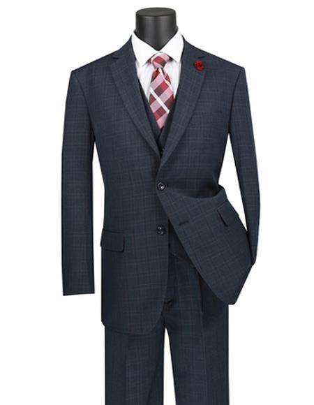 Blue Plaid Vested 3 Piece ~ Window Pane 2 button Regular Fit Poly/Rayon Suit