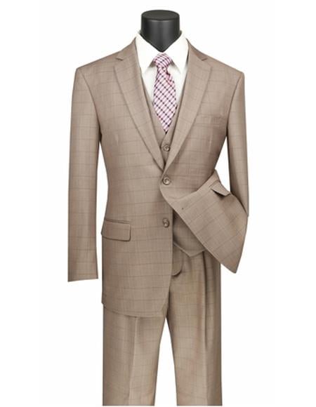 Tan Plaid Suit - Vested Suit - 3 Piece Suits - Peak Lapel Suits - Windowpane Suit - 2 Button