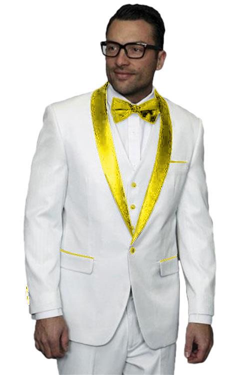 Men's White Tuxedo ~ Tux Gold ~ Yellow 3 Piece Jacket Vested Wedding Prom 2026 Suit