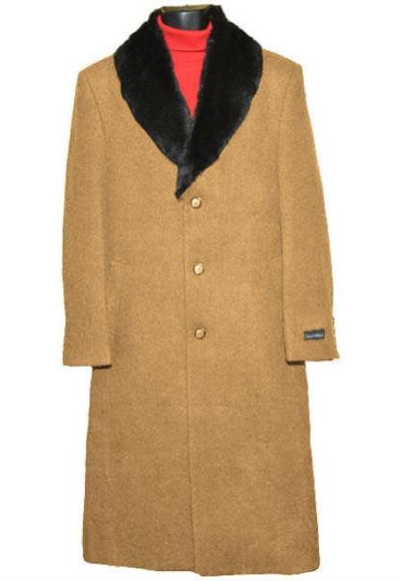 Men’s Camel Big and Tall Long Overcoat with Black Fur Style Collar, Winter Dress Topcoat up to Size 68