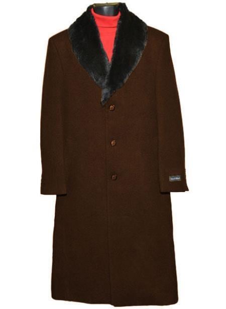 Men’s Brown Big and Tall Long Overcoat with Black Fur Style Collar, Winter Dress Topcoat up to Size 68