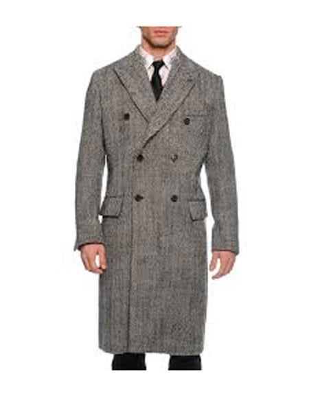 DBCoat Men's Dress Coat Double Breasted Black ~ White Six Button Gray Herringbone Tweed Overcoat Full length