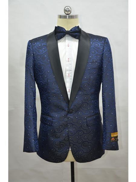 Navy Black Men's Printed Patterned Print Floral Tuxedo