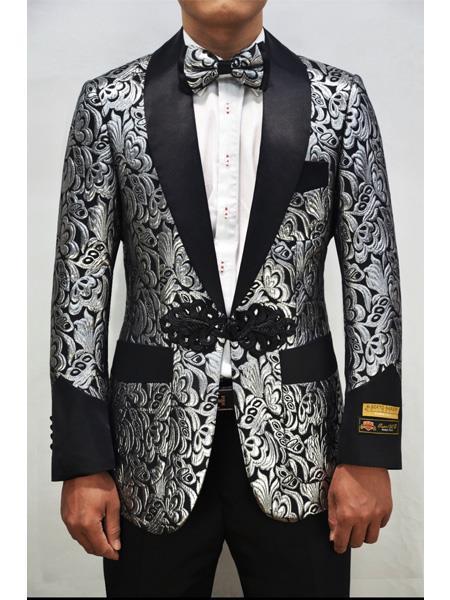 Men's Silver ~ Black One Button Floral Pattern Blazer