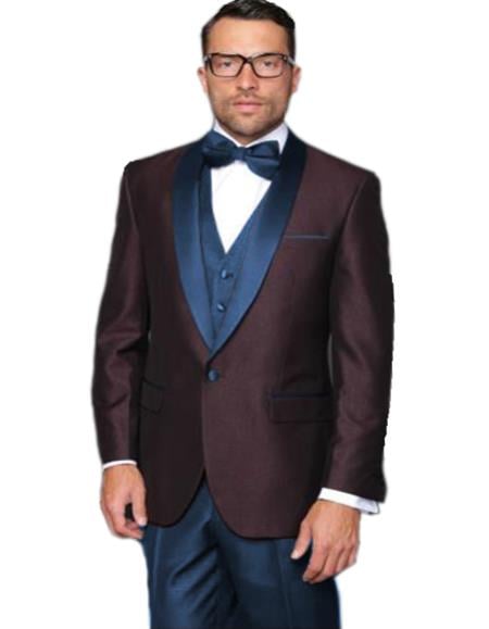 Alberto Nardoni Burgundy ~ Plum And Dark Navy Blue Lapel Burgundy Suit Tuxedo Vested 3 Piece Suit Wedding / Prom 2026 / Party Suit