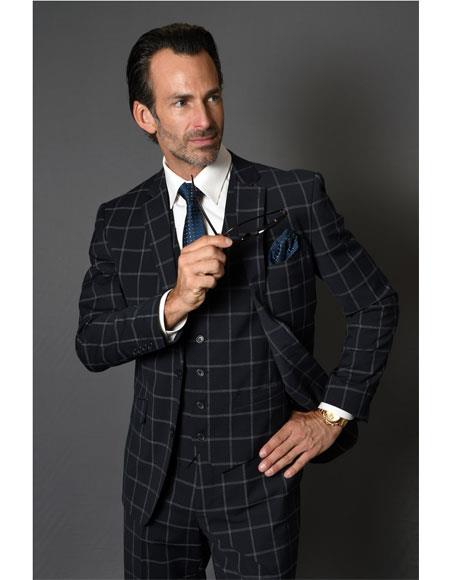 Men's Two Button Checked Pattern Dark Navy Suit Advanced Pre Order To Ship November / 15 / 2019