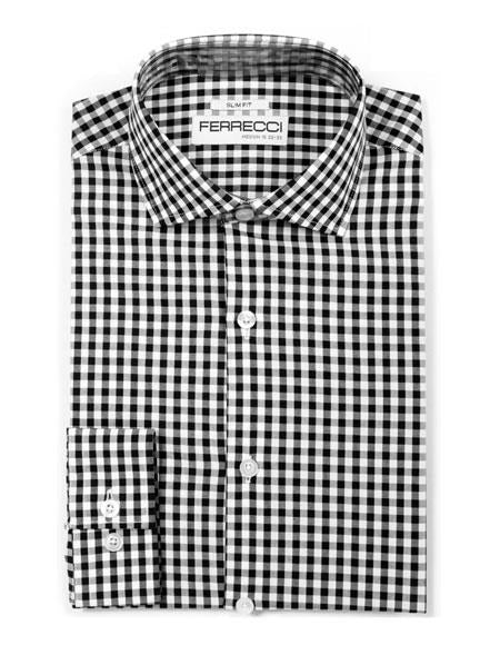 Slim Fit Cotton Black Men's Dress Gingham Shirt - Checker Pattern - French Cuff