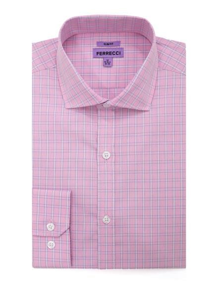 Checked Pattern Pink Men's Dress Gingham Shirt - Checker Pattern - French Cuff - White Collared + Free Bowtie