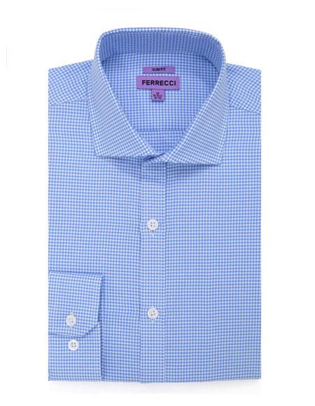 Slim Fit Button Closure Blue Men's DressGingham Shirt - Checker Pattern - French Cuff - White Collared + Free Bowtie