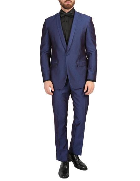 Men's Navy One Button Shawl Lapel Slim Fit Tuxedo