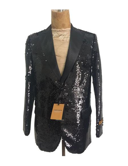 Men's Peak Lapel One Chest Pocket Black Sequin Blazer - Sequin Tuxedo - Dinner Jacket