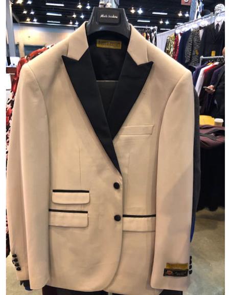 Men's Tan Two Button Double Breasted Black Peak Lapel Suit