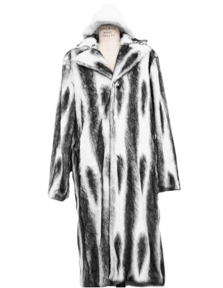 Men's Long Length Faux Fur Coat Full Length Overcoat ~ Long Men's Dress Topcoat - Winter coat + Matching Top Hat ~ Tuxedo Hat Black