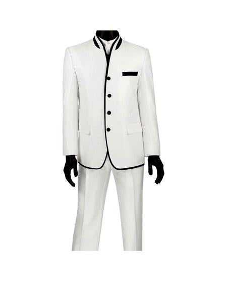 Men's Four Button Banded Collar Slim Fit White Suit