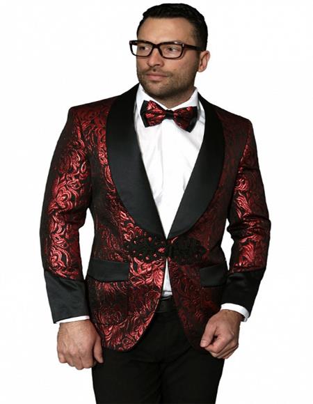 Red Color paisley Floral Satin Shiny Fashion Blazer paisley Jacket Dinner Jacket Sport Coat Flashy Stage Fancy Party Prom 2026