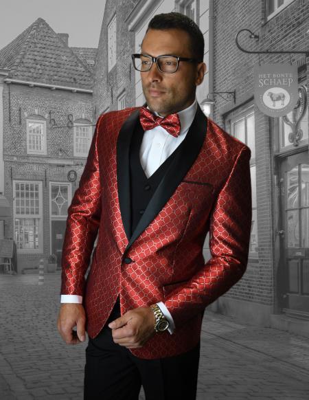 Men's Red Shawl Lapel Collared Shiny Tuxedo - Red Tuxedo