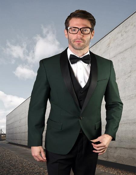Hunter Green Tuxedo Prom 2026 ~ Wedding 1920s Tuxedos Colored Suit With Black Vest and Black Suit 3 Pieces