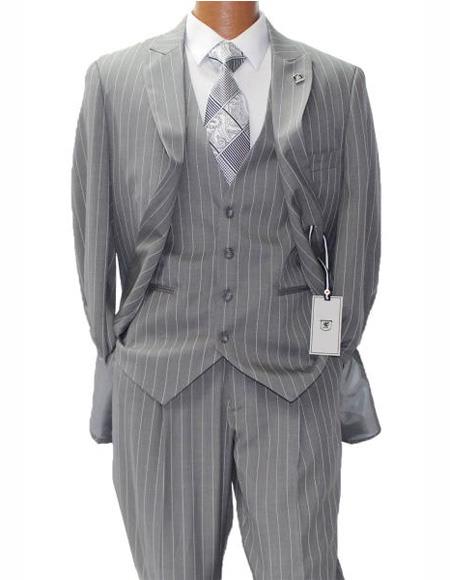 Men's Gray ~ White Two Button Suit Peak Lapel