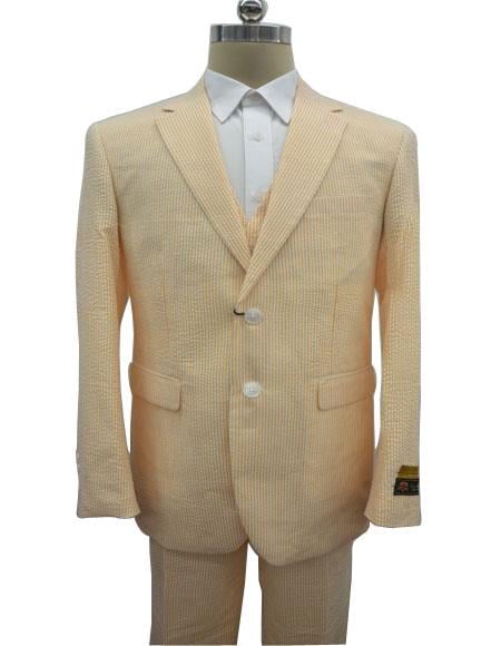 Men's Notch Label Orange Colour Summer Seersucker Fabric Jacket + Pants 3 Piece Suit