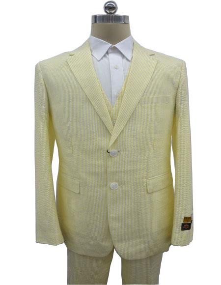 Men's Notch Label Yellow Colour Summer Seersucker Fabric Jacket + Pants 3 Piece Suit