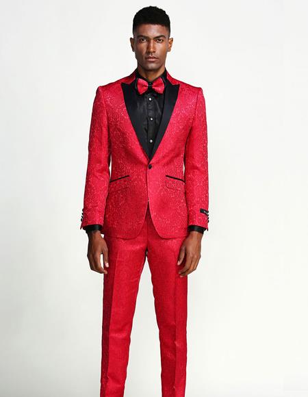 Red Suit Paisley Slim Fit Tuxedo Three Piece Set - Wedding - Prom 2026