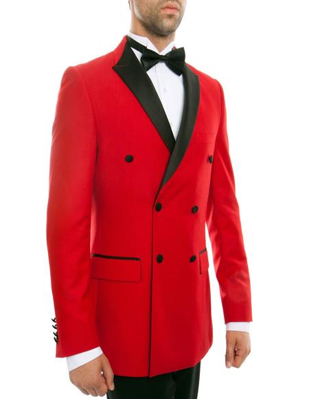 Red Suit Double Breasted Slim Fit Tuxedo Black Peak Lapel - Prom 2026 - Wedding